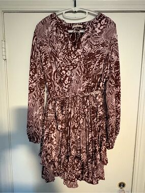 Skies Are Blue Pink and Brown Floral-Print Long Sleeve Dress